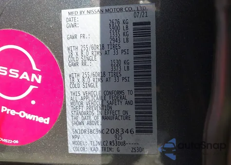 2022 Nissan Pathfinder Sv 4Wd from USA, damaged, VIN 5N1DR3BC9NC208346